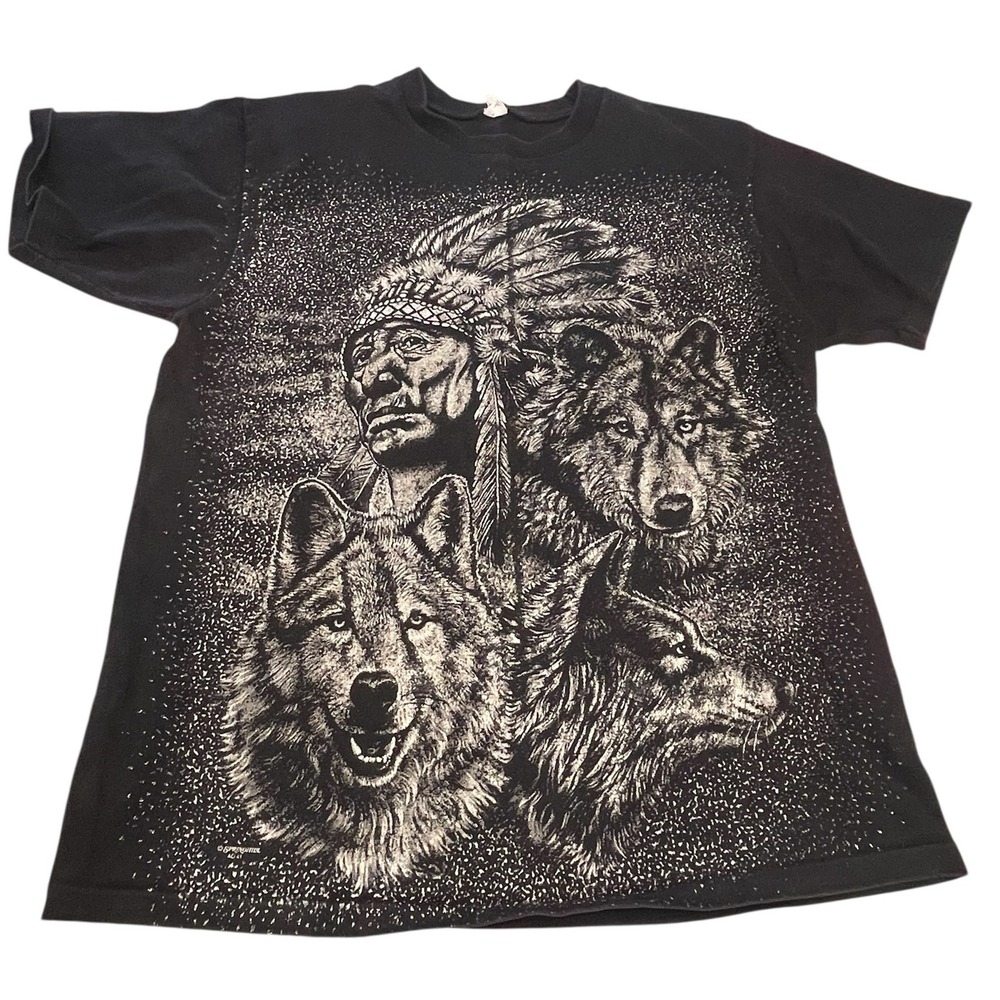 Vintage 90s Native American Wolf T-Shirt Large Single Stitch Double Sided USA